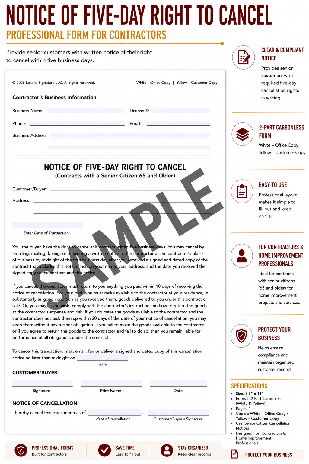Notice of Five-Day Right to Cancel (QTY 25)
