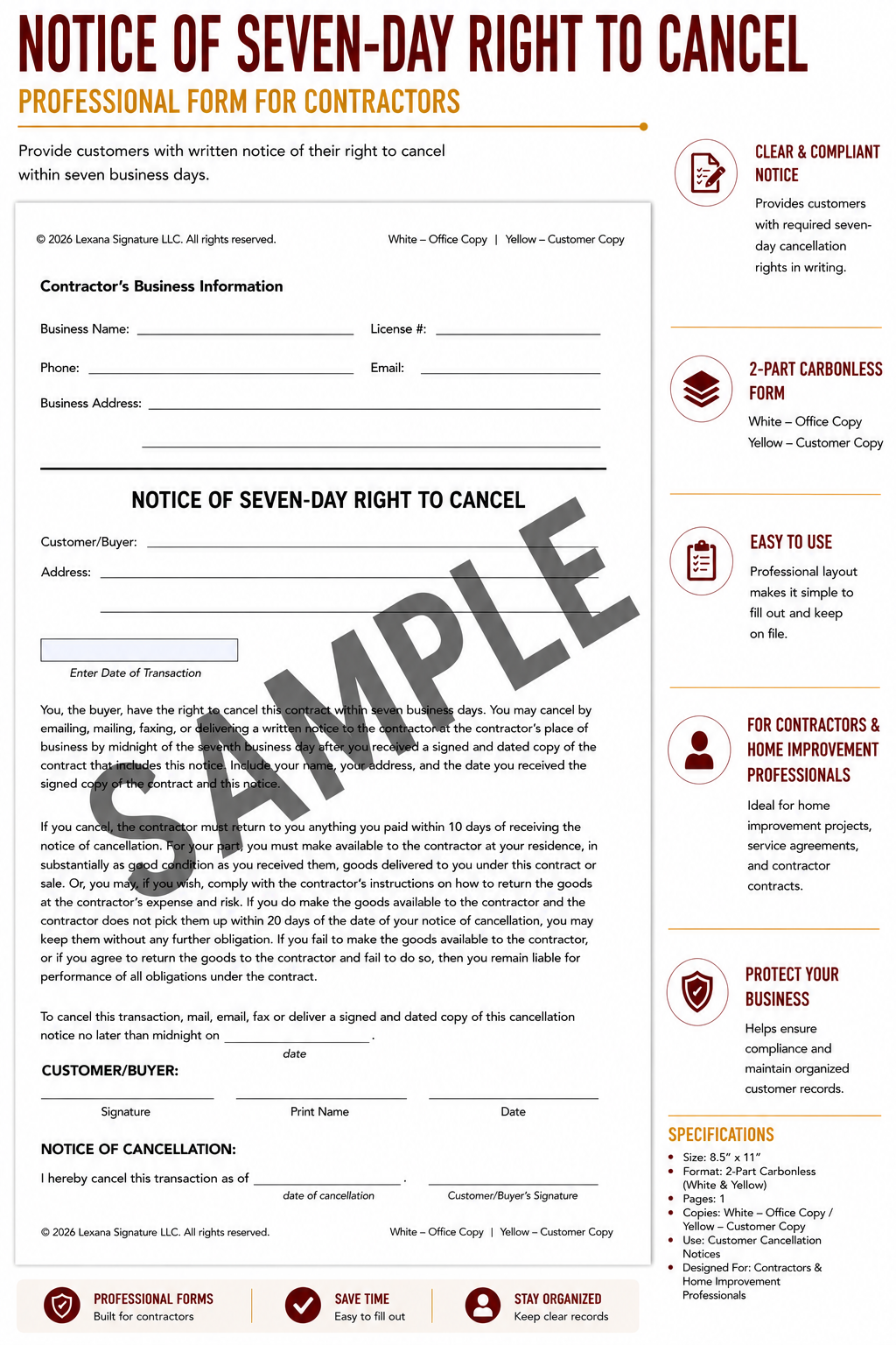 Notice of Seven-Day Right to Cancel Form (QTY 25)