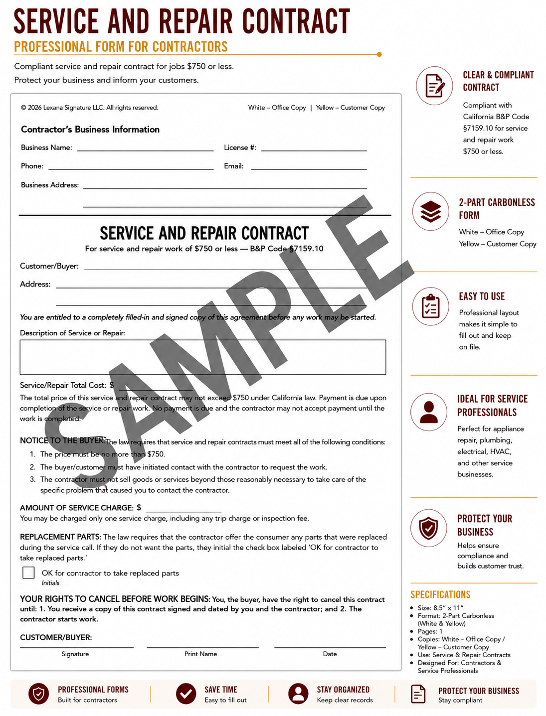 Service and Repair Contract Form (QTY 25)