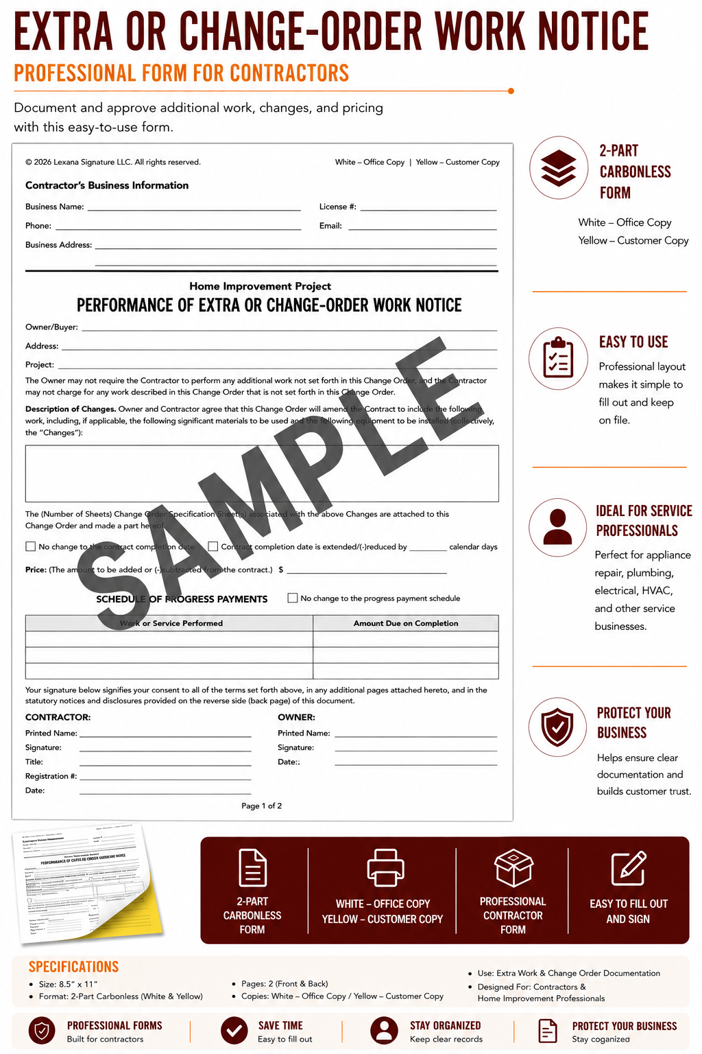 Performance of Extra or Change-Order Work Notice Form (QTY 50)