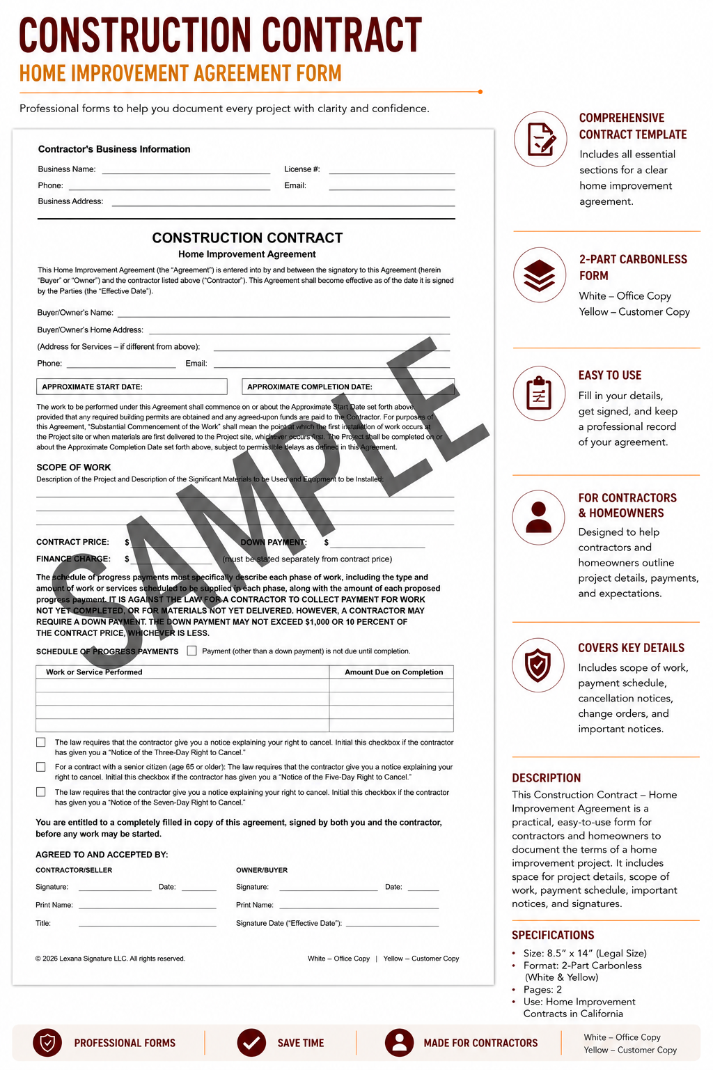 Home Improvement Agreement (QTY 50)