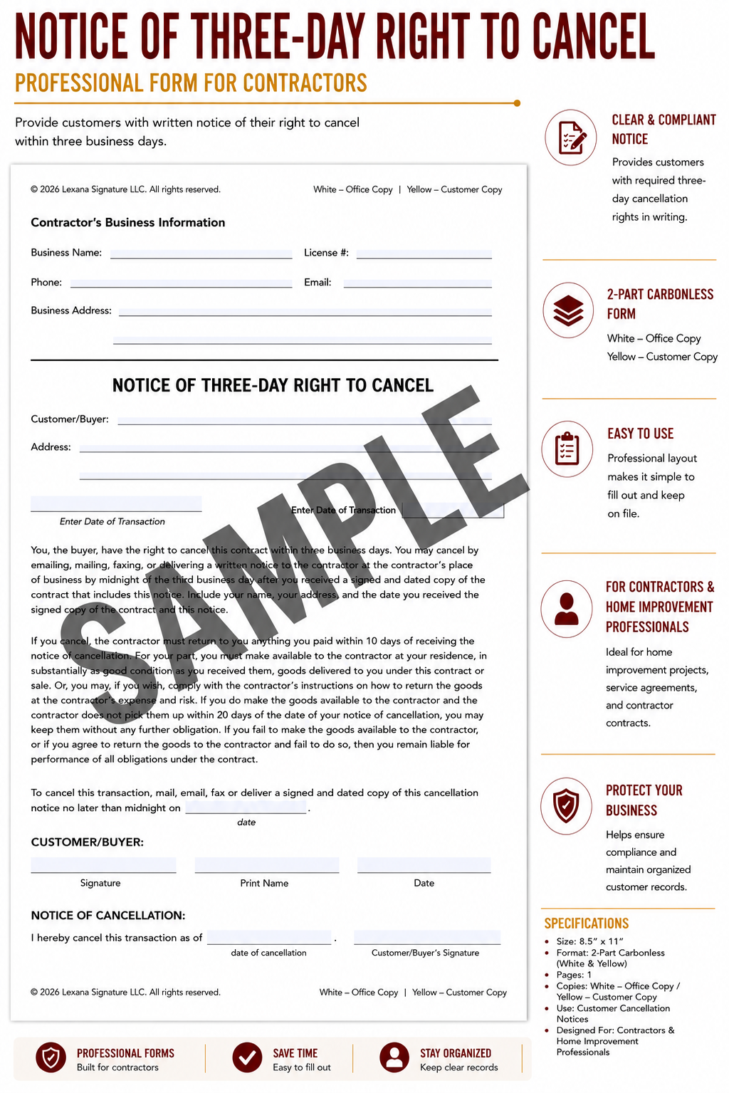 Notice of Three-Day Right to Cancel Form (QTY 50)