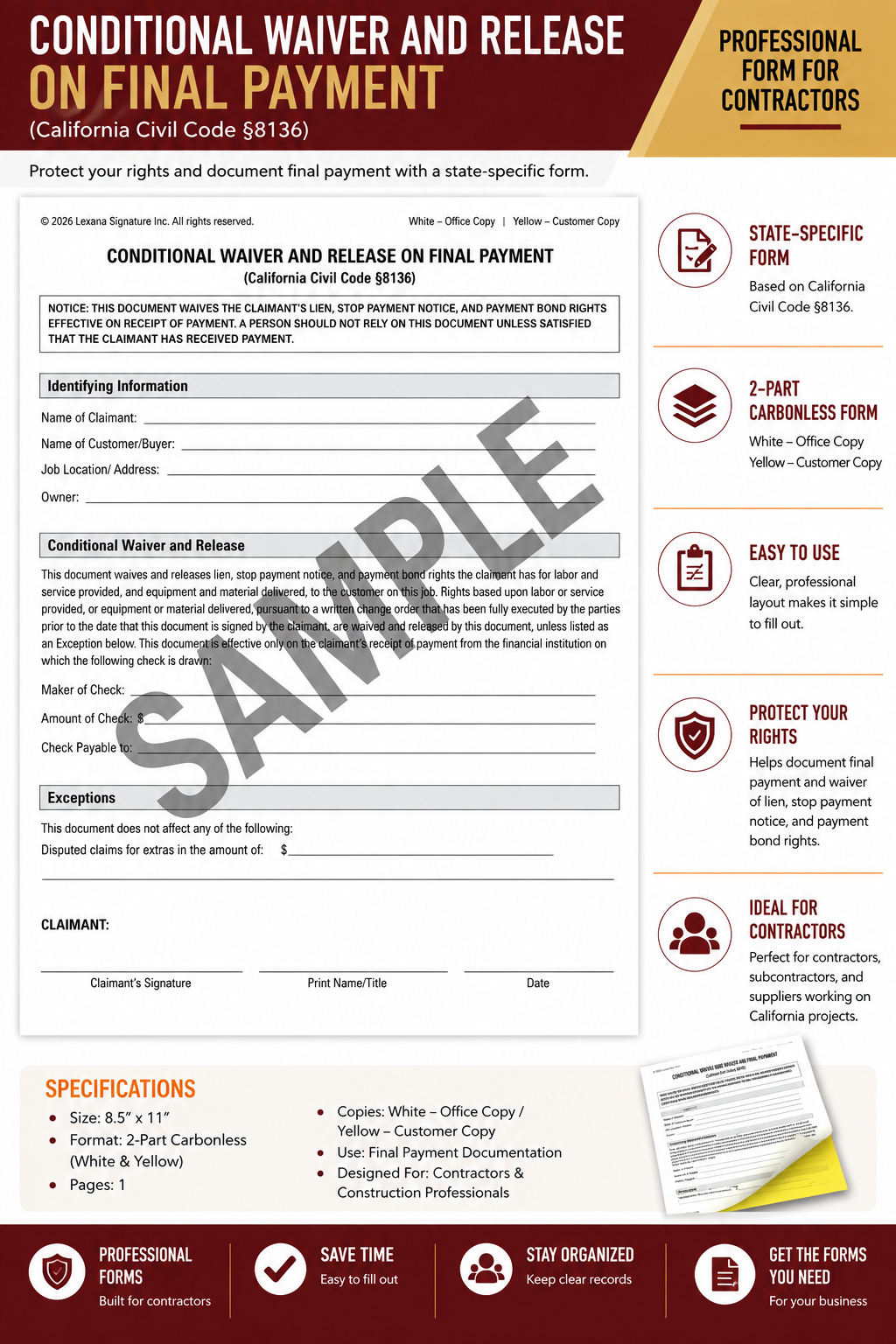 Conditional Waiver and Release on Final Payment (QTY 25)