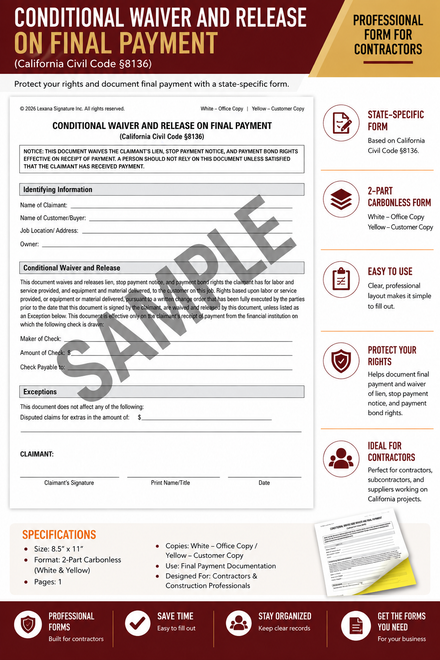 Conditional Waiver and Release on Final Payment (QTY 25)