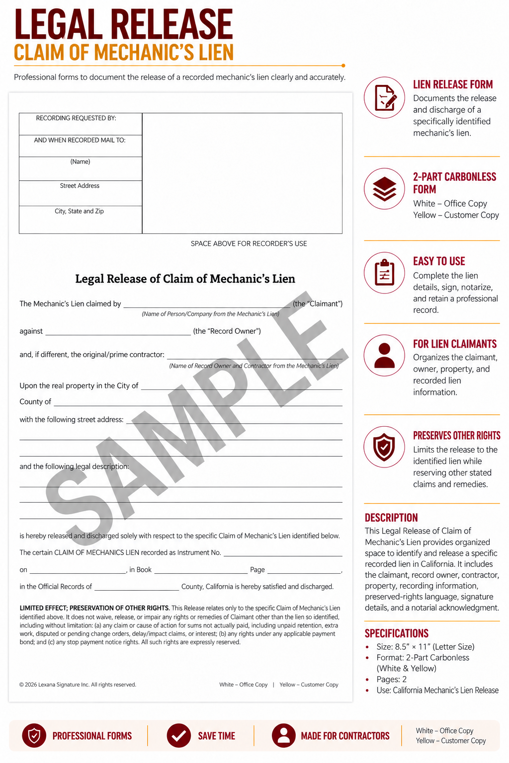 Legal Release of Claim of Mechanic’s Lien (Qty 25)