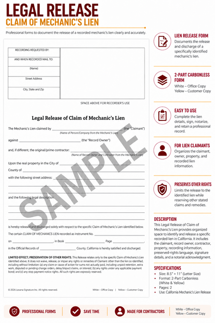 Legal Release of Claim of Mechanic’s Lien (Qty 25)