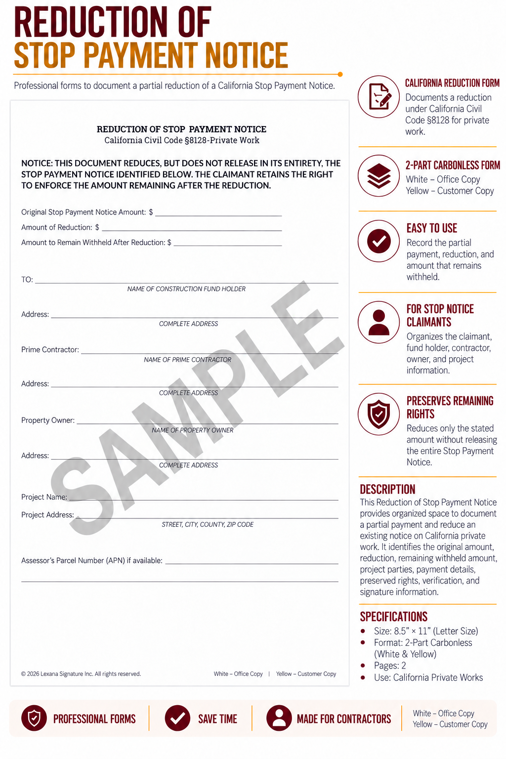 Reduction of Stop Payment Notice (Qty 25)
