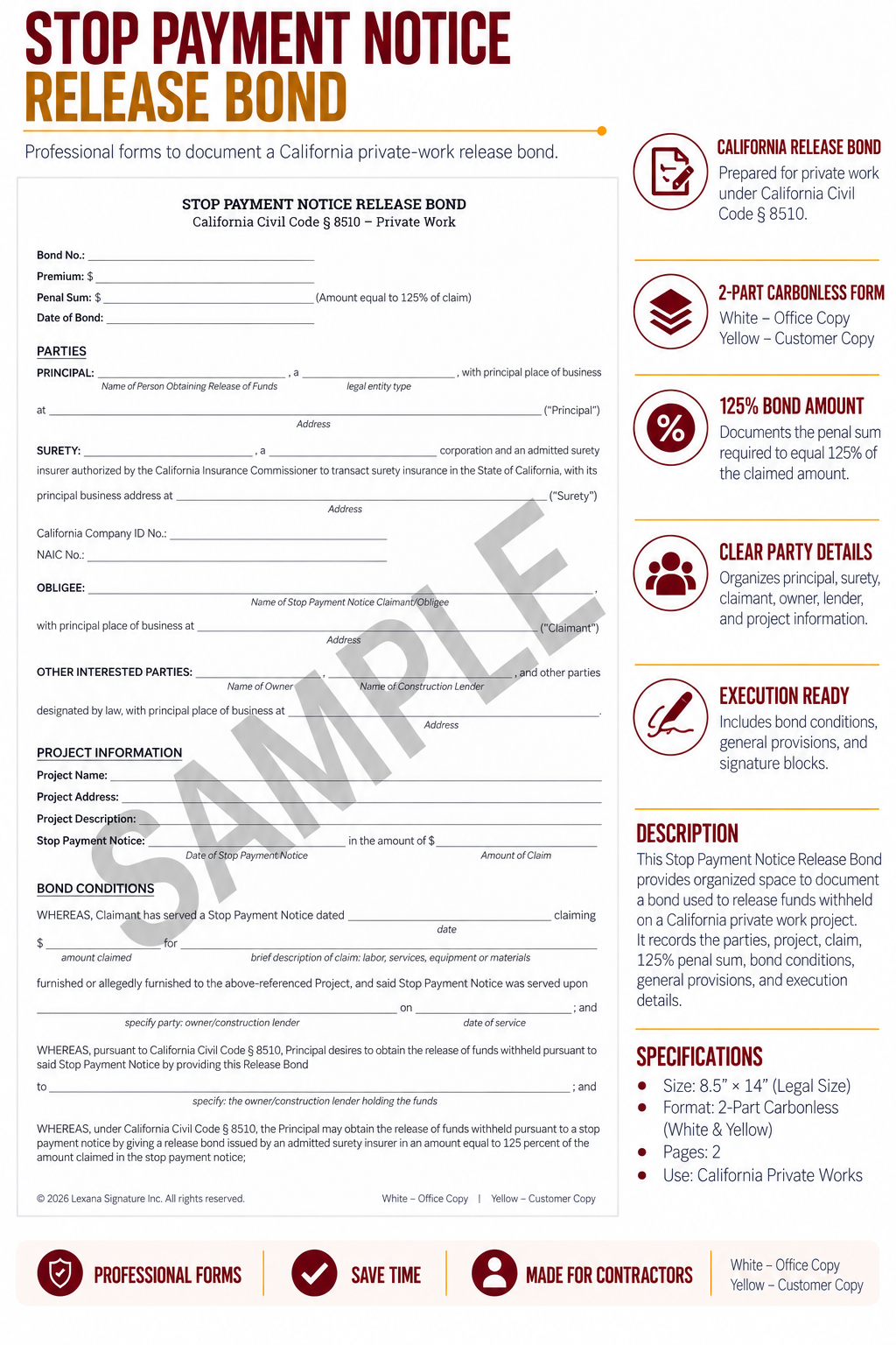 Stop Payment Notice Release Bond (Qty 25)